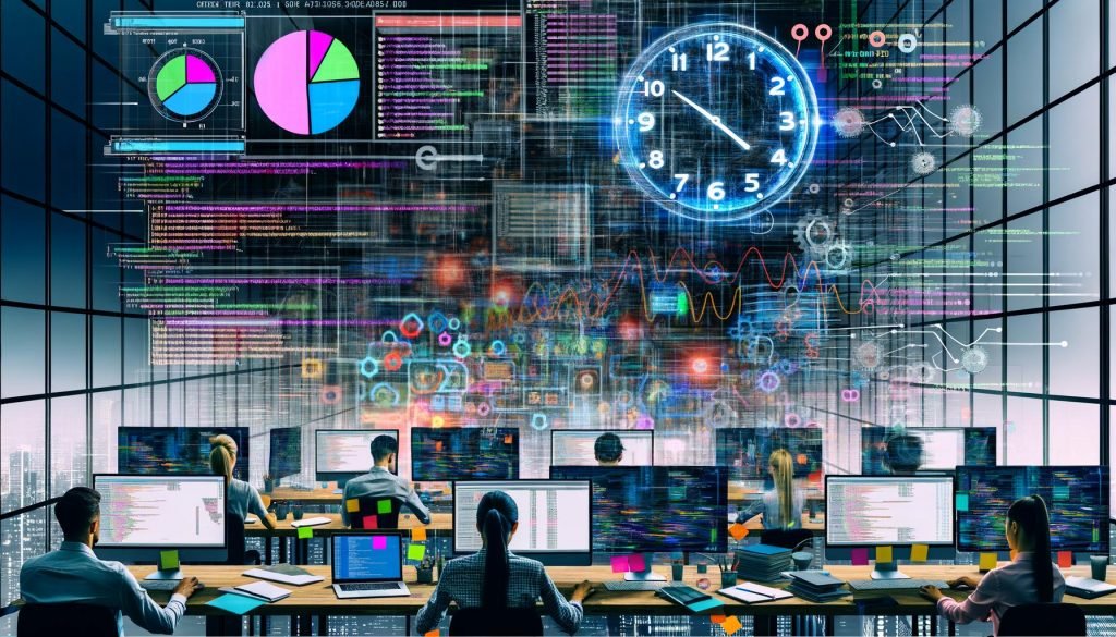 Moderner Workspace mit mehreren Monitoren, bunten Dashboards, Codezeilen, tickender Digitaluhr, Diagrammen und Team aus Data Scientists und Entwickler:innen. Im Hintergrund verschmelzen Plista-Logos und Datenströme.