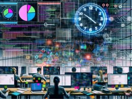 Moderner Workspace mit mehreren Monitoren, bunten Dashboards, Codezeilen, tickender Digitaluhr, Diagrammen und Team aus Data Scientists und Entwickler:innen. Im Hintergrund verschmelzen Plista-Logos und Datenströme.