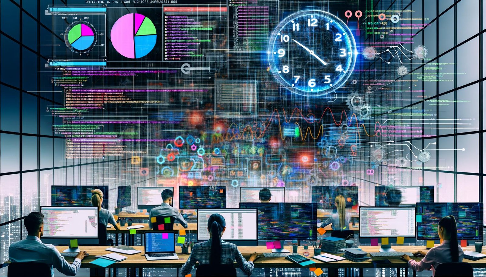 Moderner Workspace mit mehreren Monitoren, bunten Dashboards, Codezeilen, tickender Digitaluhr, Diagrammen und Team aus Data Scientists und Entwickler:innen. Im Hintergrund verschmelzen Plista-Logos und Datenströme.