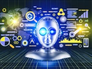 Stilisiertes Titelbild mit künstlicher Intelligenz als Roboterkopf, Datenströmen, Suchmaschinen-Icons, leuchtenden SEO-Schlagwörtern und modernen Analyse-Interfaces im futuristischen Tech-Design.