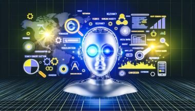 Stilisiertes Titelbild mit künstlicher Intelligenz als Roboterkopf, Datenströmen, Suchmaschinen-Icons, leuchtenden SEO-Schlagwörtern und modernen Analyse-Interfaces im futuristischen Tech-Design.