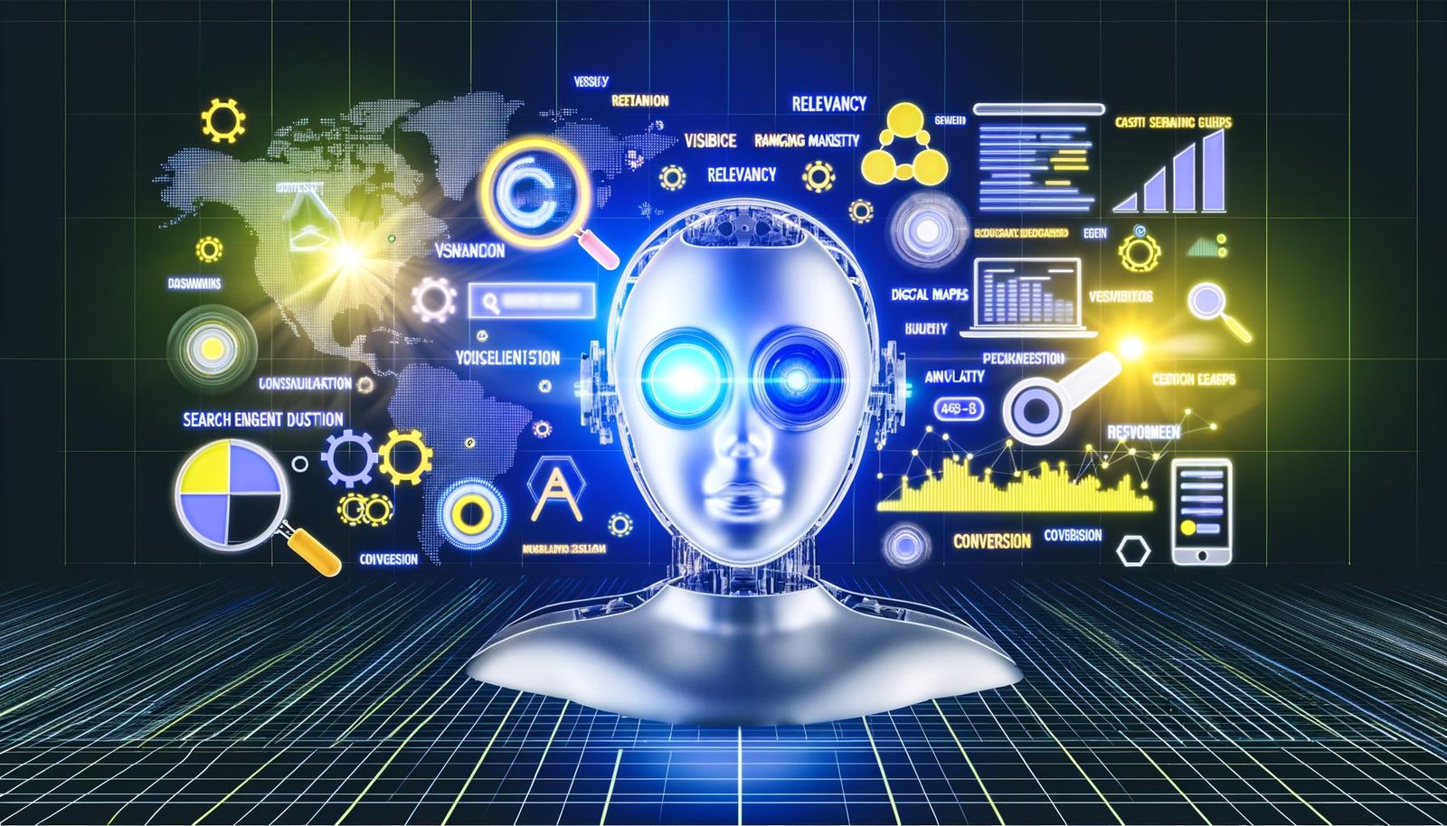 Stilisiertes Titelbild mit künstlicher Intelligenz als Roboterkopf, Datenströmen, Suchmaschinen-Icons, leuchtenden SEO-Schlagwörtern und modernen Analyse-Interfaces im futuristischen Tech-Design.