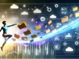 Dynamische Person kippt Aktenordner in einen leuchtenden Datenstrom, der in ein Dashboard mit anschaulichen Grafiken übergeht, umgeben von Symbolen für verschiedene Datenquellen in einem modernen Arbeitsumfeld.