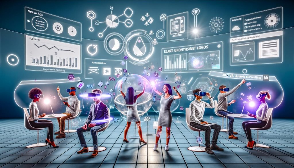 Futuristische 3D-Webszene mit eleganten Native Ads, die sich nahtlos in AR/VR-Oberflächen integrieren. Nutzer bedienen leuchtende Werbeelemente mit VR-Headset, Smartphone und Desktop, im Hintergrund komplexe Datengrafiken und KPI-Diagramme.