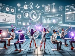 Futuristische 3D-Webszene mit eleganten Native Ads, die sich nahtlos in AR/VR-Oberflächen integrieren. Nutzer bedienen leuchtende Werbeelemente mit VR-Headset, Smartphone und Desktop, im Hintergrund komplexe Datengrafiken und KPI-Diagramme.