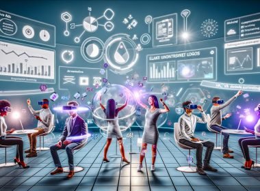 Futuristische 3D-Webszene mit eleganten Native Ads, die sich nahtlos in AR/VR-Oberflächen integrieren. Nutzer bedienen leuchtende Werbeelemente mit VR-Headset, Smartphone und Desktop, im Hintergrund komplexe Datengrafiken und KPI-Diagramme.