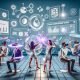 Futuristische 3D-Webszene mit eleganten Native Ads, die sich nahtlos in AR/VR-Oberflächen integrieren. Nutzer bedienen leuchtende Werbeelemente mit VR-Headset, Smartphone und Desktop, im Hintergrund komplexe Datengrafiken und KPI-Diagramme.