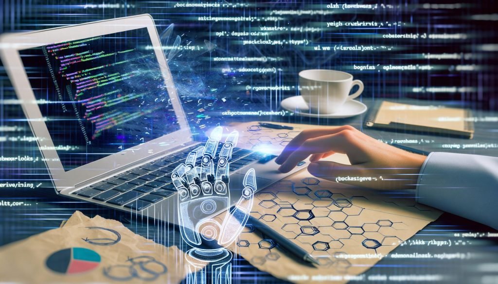 Schreibtisch mit offenem Laptop, auf dessen Bildschirm SEO-Tools und Code sichtbar sind. Menschliche und KI-Hand tippen gemeinsam, umgeben von Notizblock, Stiften, Tasse Kaffee und Papieren mit SEO-Skizzen. Digitale Datenströme im Hintergrund.