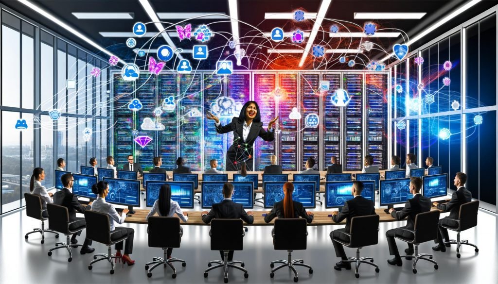 Dynamisches, modernes Büro voller Marketer und Serverracks, mit bunten Dashboards, Datenströmen, Visualisierungen und einer Person am Touchscreen.
