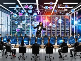 Dynamisches, modernes Büro voller Marketer und Serverracks, mit bunten Dashboards, Datenströmen, Visualisierungen und einer Person am Touchscreen.