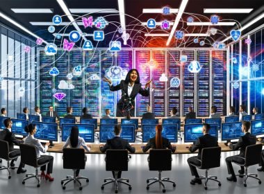 Dynamisches, modernes Büro voller Marketer und Serverracks, mit bunten Dashboards, Datenströmen, Visualisierungen und einer Person am Touchscreen.