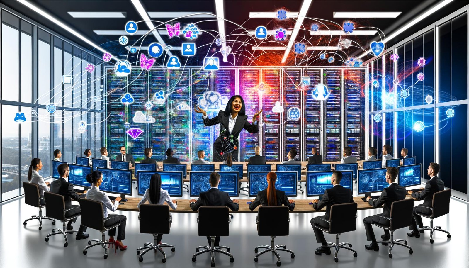 Dynamisches, modernes Büro voller Marketer und Serverracks, mit bunten Dashboards, Datenströmen, Visualisierungen und einer Person am Touchscreen.