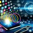 Smartphone mit animiertem Short-Video-Loop, Social-Media-Plattform-Symbole, verbundene Datenströme und technische Diagramme auf leuchtendem Hintergrund.