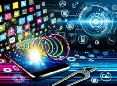 Smartphone mit animiertem Short-Video-Loop, Social-Media-Plattform-Symbole, verbundene Datenströme und technische Diagramme auf leuchtendem Hintergrund.