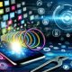Smartphone mit animiertem Short-Video-Loop, Social-Media-Plattform-Symbole, verbundene Datenströme und technische Diagramme auf leuchtendem Hintergrund.