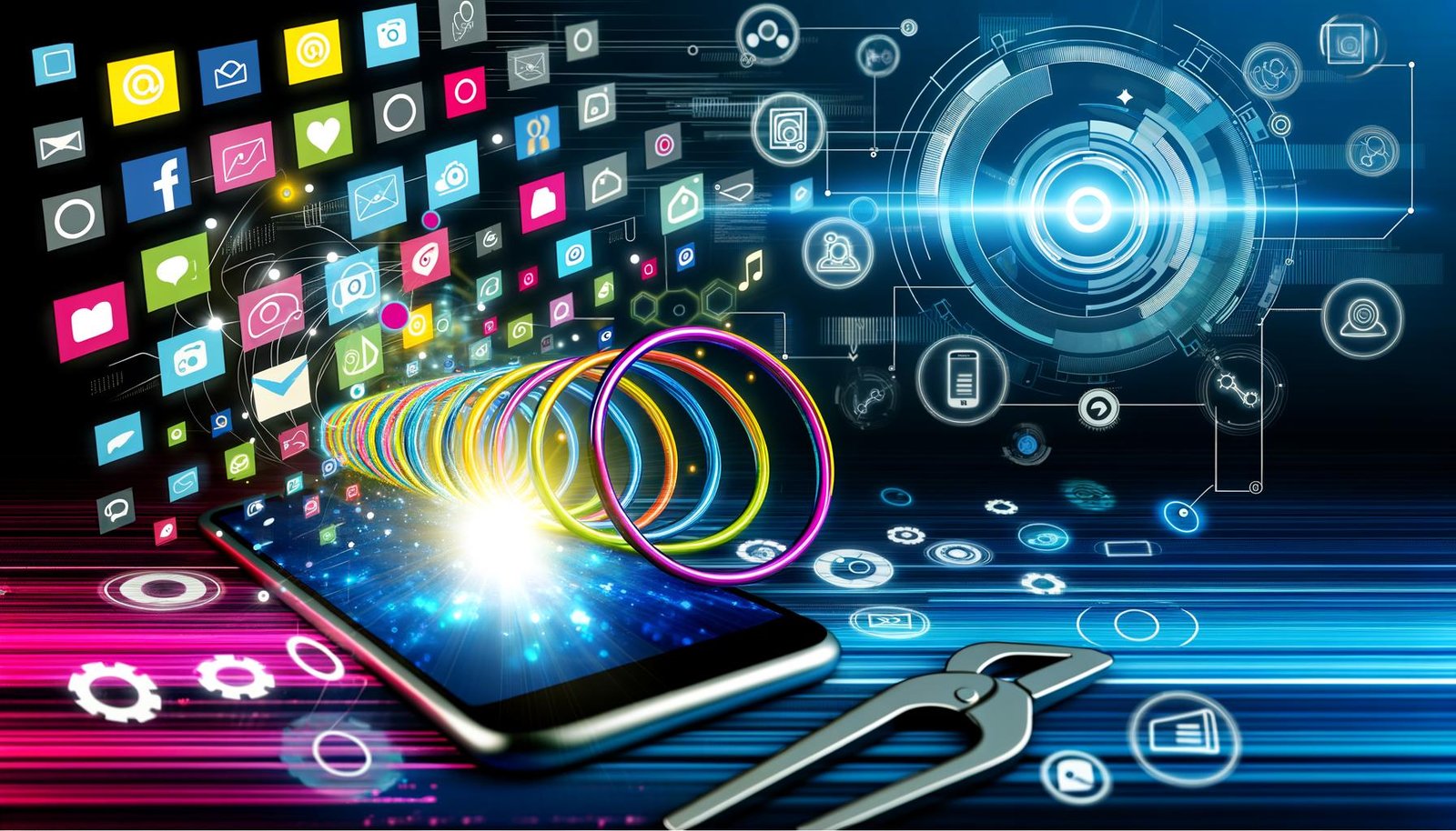 Smartphone mit animiertem Short-Video-Loop, Social-Media-Plattform-Symbole, verbundene Datenströme und technische Diagramme auf leuchtendem Hintergrund.