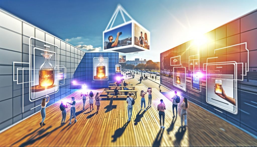 Menschen mit AR-Brillen und Smartphones in urbaner Umgebung, umgeben von dezenten 3D-plista Werbehologrammen und digitalen Overlays, die nahtlos in die reale Welt eingebettet sind.