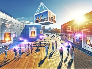 Menschen mit AR-Brillen und Smartphones in urbaner Umgebung, umgeben von dezenten 3D-plista Werbehologrammen und digitalen Overlays, die nahtlos in die reale Welt eingebettet sind.