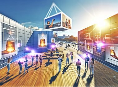 Menschen mit AR-Brillen und Smartphones in urbaner Umgebung, umgeben von dezenten 3D-plista Werbehologrammen und digitalen Overlays, die nahtlos in die reale Welt eingebettet sind.