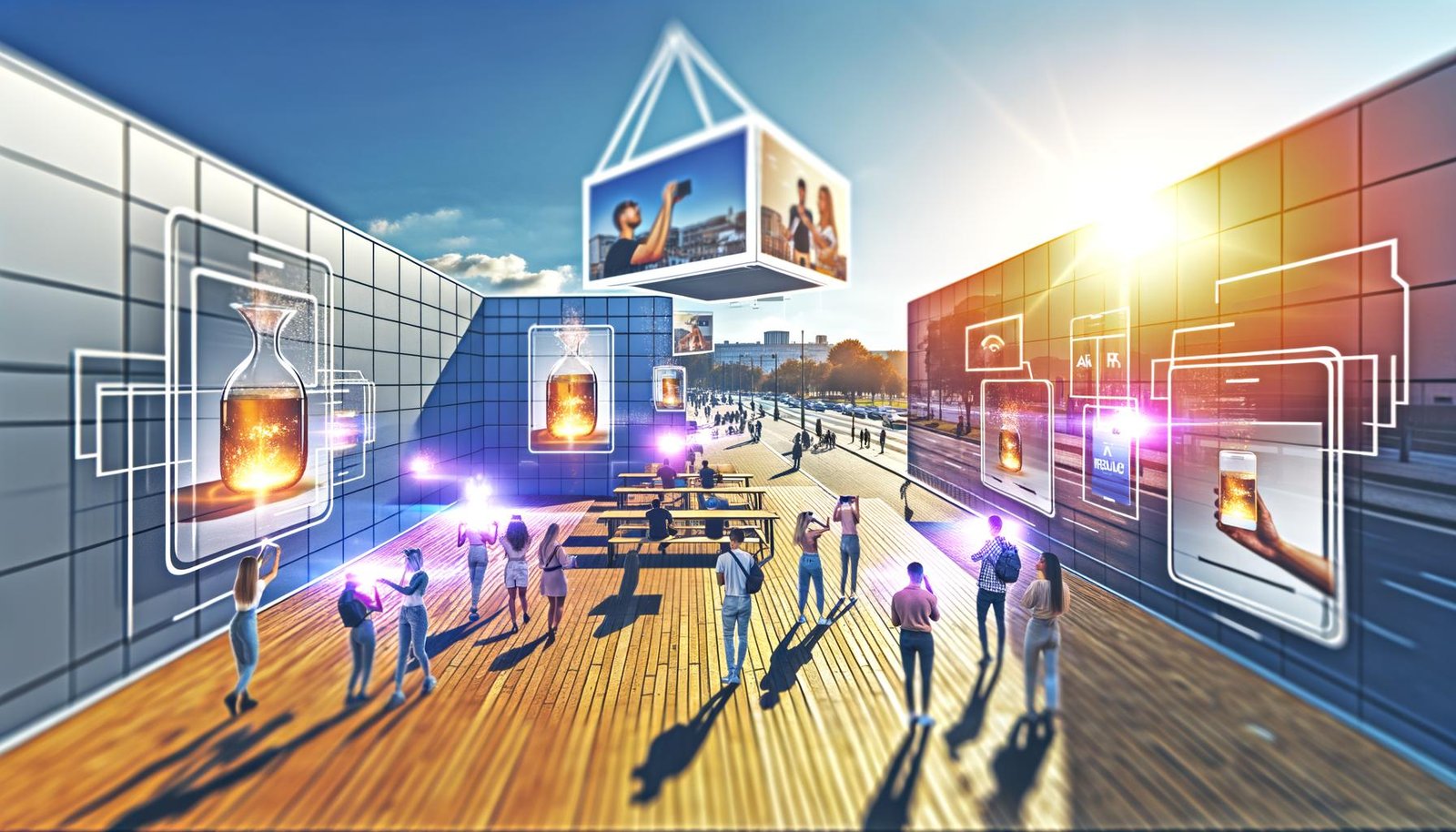 Menschen mit AR-Brillen und Smartphones in urbaner Umgebung, umgeben von dezenten 3D-plista Werbehologrammen und digitalen Overlays, die nahtlos in die reale Welt eingebettet sind.