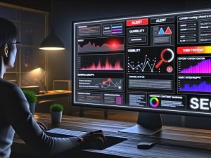 Modernes SEO Dashboard auf Ultra-Wide-Monitor mit vielfältigen Analyse-Widgets, Heatmaps und Warnmeldungen, während eine Person konzentriert Daten auswertet.