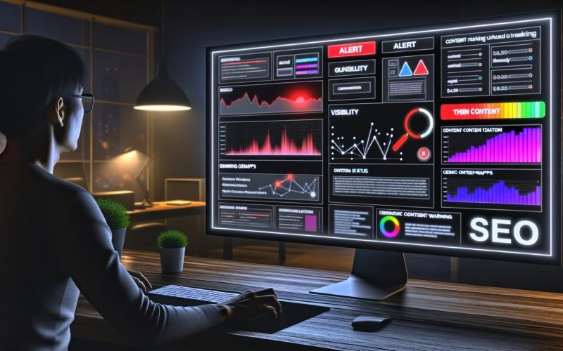 Modernes SEO Dashboard auf Ultra-Wide-Monitor mit vielfältigen Analyse-Widgets, Heatmaps und Warnmeldungen, während eine Person konzentriert Daten auswertet.
