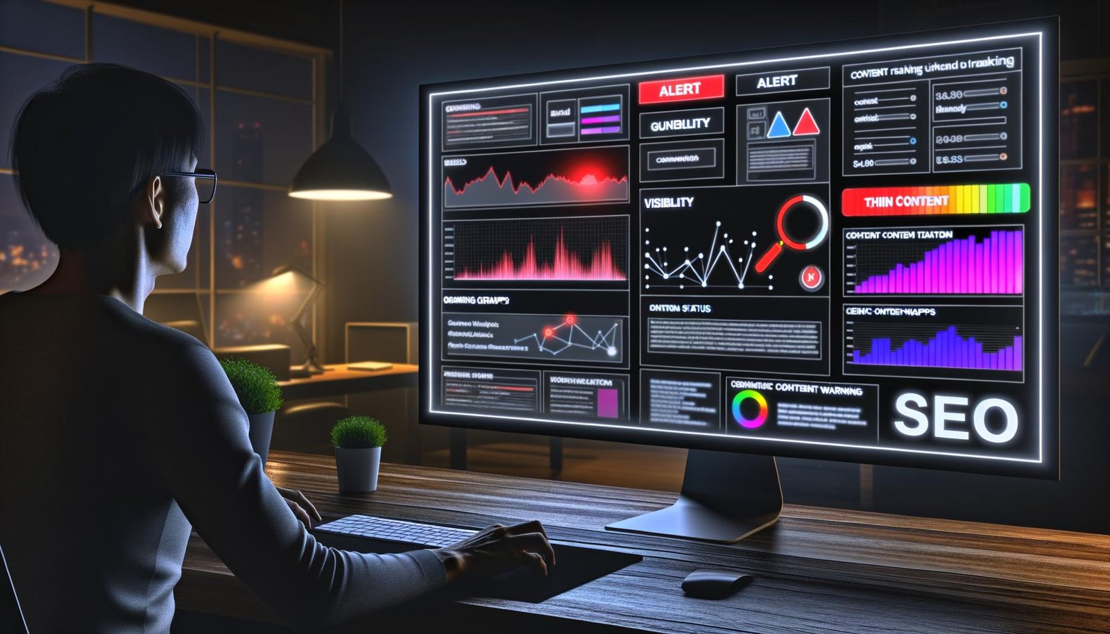 Modernes SEO Dashboard auf Ultra-Wide-Monitor mit vielfältigen Analyse-Widgets, Heatmaps und Warnmeldungen, während eine Person konzentriert Daten auswertet.