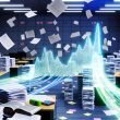 Büroszene mit Papierbergen, chaotischen Excel-Tabellen, verstreuten USB-Sticks und einem geordneten, leuchtenden digitalen Datenfluss zu einem zentralen Data Hub