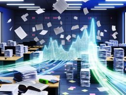 Büroszene mit Papierbergen, chaotischen Excel-Tabellen, verstreuten USB-Sticks und einem geordneten, leuchtenden digitalen Datenfluss zu einem zentralen Data Hub