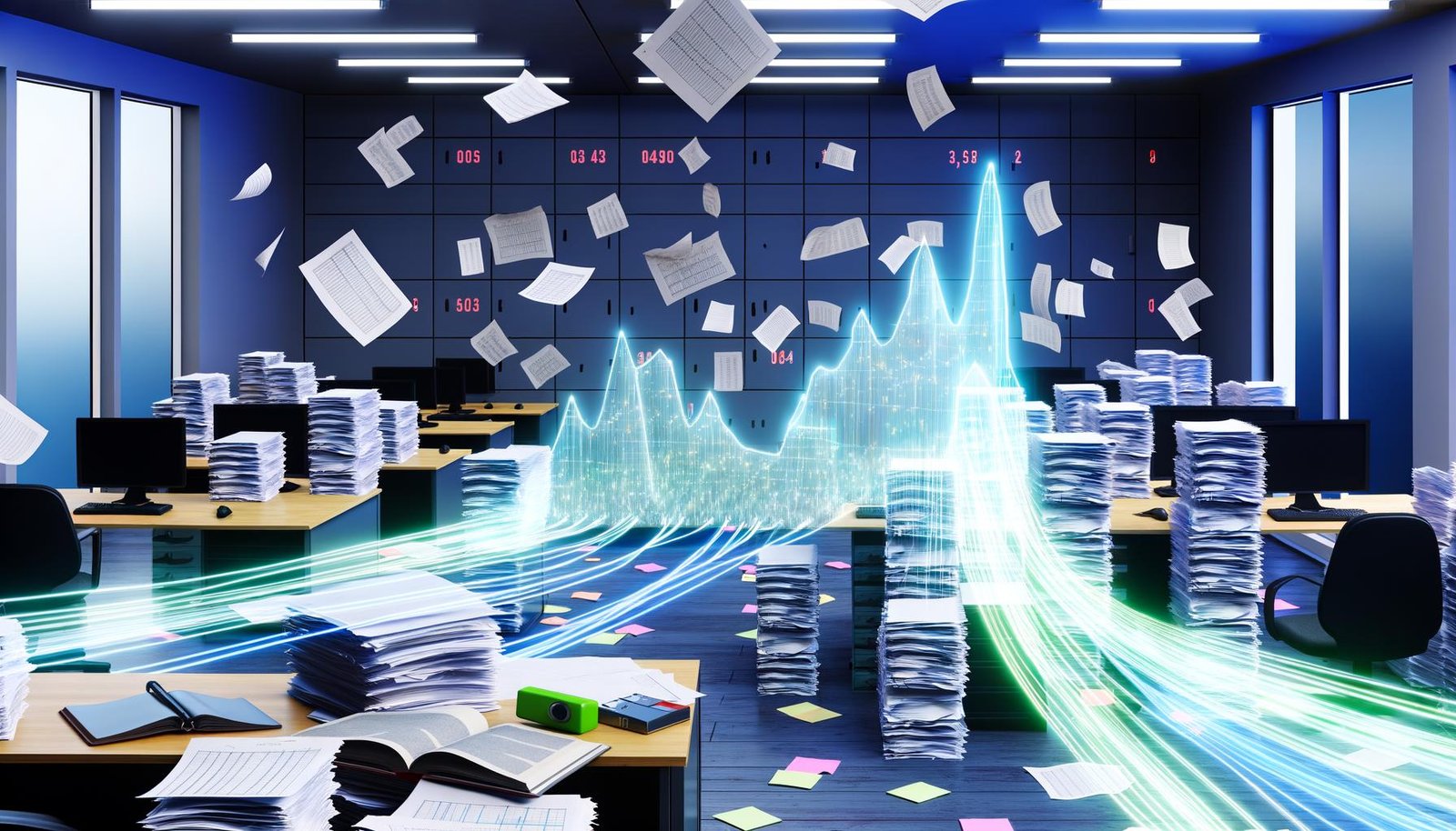 Büroszene mit Papierbergen, chaotischen Excel-Tabellen, verstreuten USB-Sticks und einem geordneten, leuchtenden digitalen Datenfluss zu einem zentralen Data Hub