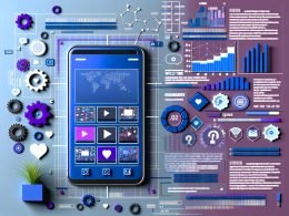 Smartphone mit laufenden Social-Media-Shorts, umgeben von Diagrammen, Engagement-Icons, Algorithmus-Grafiken und digitalen Analyse-Elementen auf modernem Farbhintergrund.