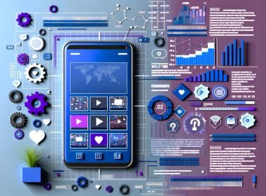 Smartphone mit laufenden Social-Media-Shorts, umgeben von Diagrammen, Engagement-Icons, Algorithmus-Grafiken und digitalen Analyse-Elementen auf modernem Farbhintergrund.