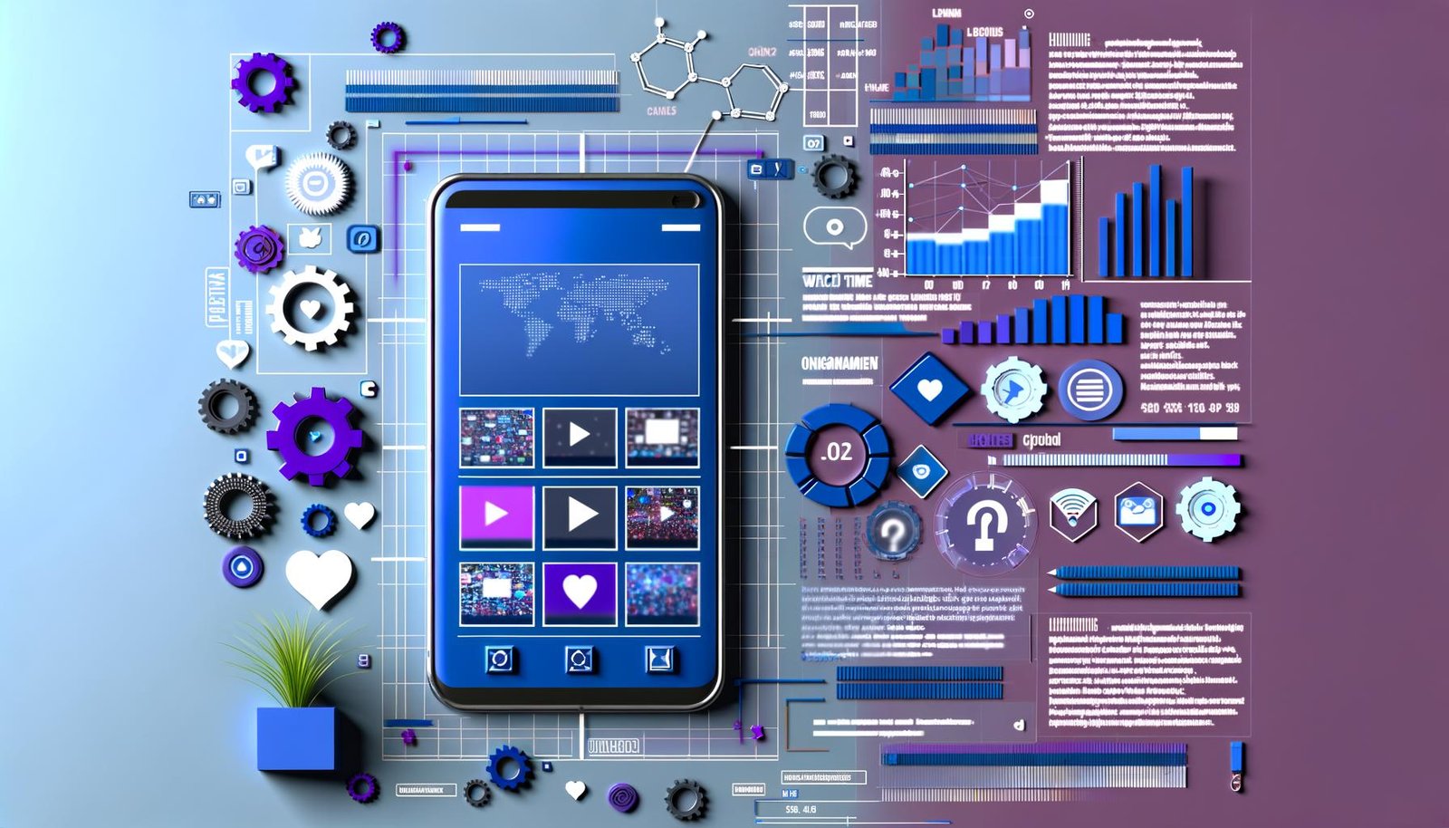 Smartphone mit laufenden Social-Media-Shorts, umgeben von Diagrammen, Engagement-Icons, Algorithmus-Grafiken und digitalen Analyse-Elementen auf modernem Farbhintergrund.