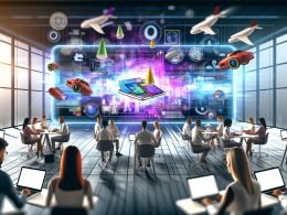 Futuristischer Online-Marketing-Arbeitsplatz mit transparentem AR-Display, 3D-Produktmodellen und interaktiven Nutzer:innen.