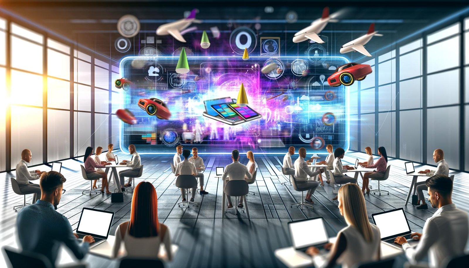 Futuristischer Online-Marketing-Arbeitsplatz mit transparentem AR-Display, 3D-Produktmodellen und interaktiven Nutzer:innen.