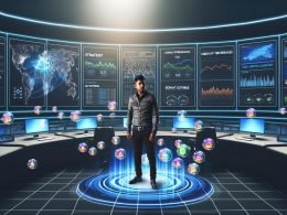 Futuristischer Kontrollraum mit großen Bildschirmen, die SEO-Analysen, Verkehrsspitzen und Karten anzeigen; eine Person verteilt digitale Inhalte über globale Geräte und zahlreiche Social-Media- und Automationssymbolen.