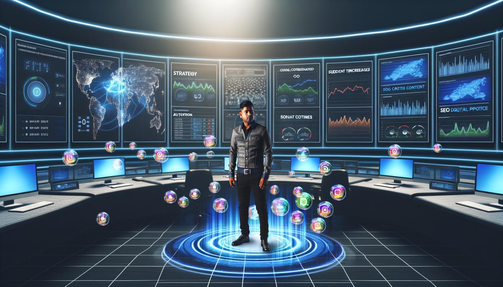 Futuristischer Kontrollraum mit großen Bildschirmen, die SEO-Analysen, Verkehrsspitzen und Karten anzeigen; eine Person verteilt digitale Inhalte über globale Geräte und zahlreiche Social-Media- und Automationssymbolen.