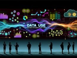 Futuristische Titelillustration mit leuchtendem Schriftzug 'Datennutzung: Strategien für smarte Datenmacht', umgeben von Datenströmen, Datenpunkten, modernen Businessmenschen und digitalen Visualisierungen, die Fortschritt und intelligente Datennutzung zeigen.