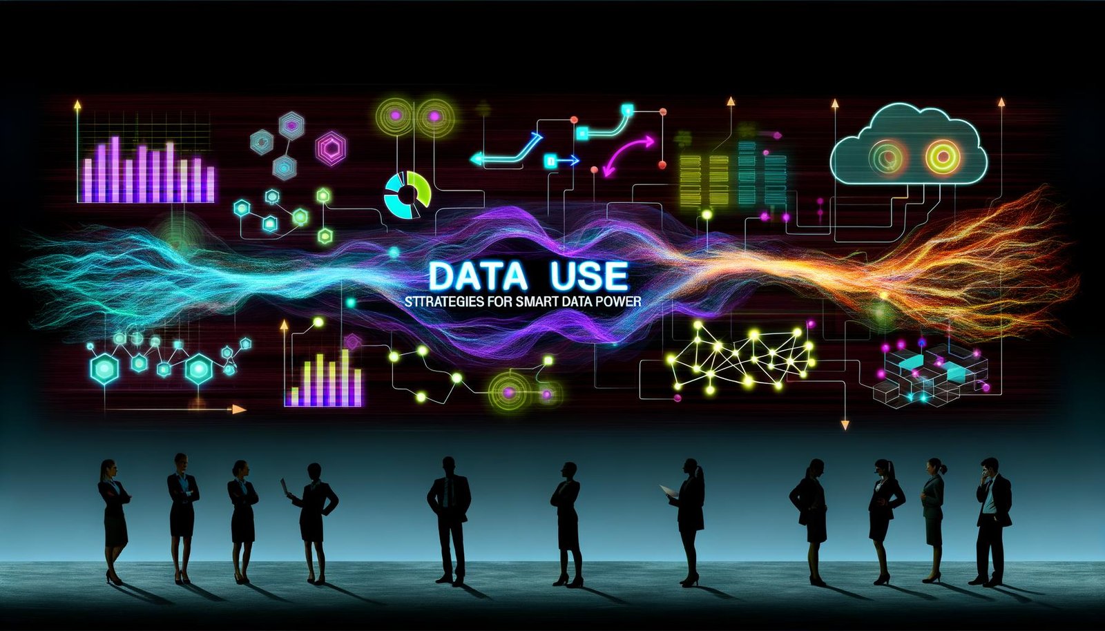 Futuristische Titelillustration mit leuchtendem Schriftzug 'Datennutzung: Strategien für smarte Datenmacht', umgeben von Datenströmen, Datenpunkten, modernen Businessmenschen und digitalen Visualisierungen, die Fortschritt und intelligente Datennutzung zeigen.