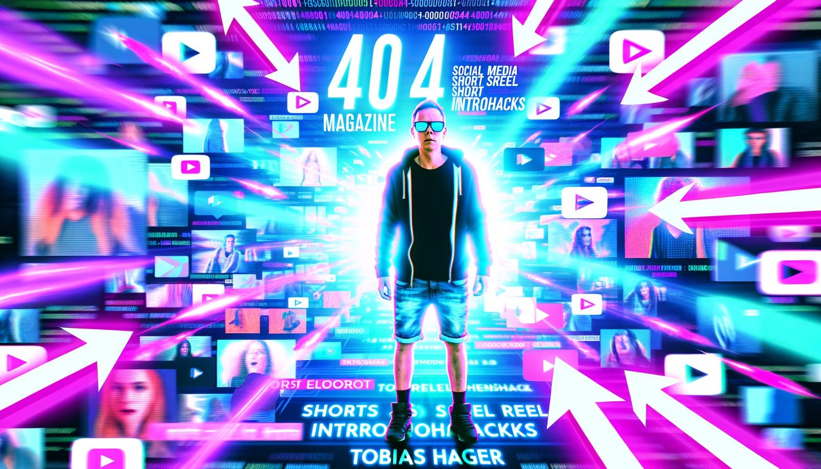 Magazintitel mit urban gekleidetem Social-Media-Creator im Mittelpunkt eines neonfarbenen Datenstrudels, umgeben von Hashtags, Trendpfeilen und Play-Buttons vor Screenshots von TikTok, Instagram Reels und YouTube Shorts.