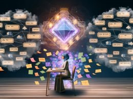 Metaphorische Illustration eines fokussierten Schreibers, der im Durcheinander aus Keywords und digitalen Elementen von einem leuchtenden SEO-Text-Framework erleuchtet und geleitet wird.