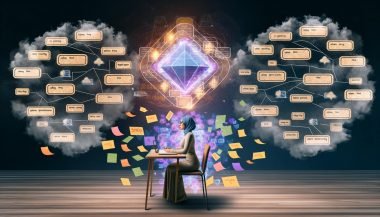 Metaphorische Illustration eines fokussierten Schreibers, der im Durcheinander aus Keywords und digitalen Elementen von einem leuchtenden SEO-Text-Framework erleuchtet und geleitet wird.