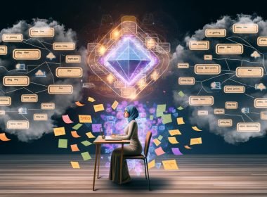 Metaphorische Illustration eines fokussierten Schreibers, der im Durcheinander aus Keywords und digitalen Elementen von einem leuchtenden SEO-Text-Framework erleuchtet und geleitet wird.