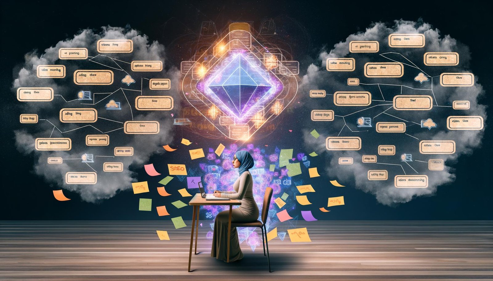 Metaphorische Illustration eines fokussierten Schreibers, der im Durcheinander aus Keywords und digitalen Elementen von einem leuchtenden SEO-Text-Framework erleuchtet und geleitet wird.