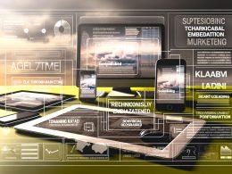 Dynamische Grafik mit Smartphone, Tablet und Desktop, die moderne Native Ad-Banner im plista-Format, Tracking-Parameter und Marketing-KPIs wie CTR und Conversion-Rate im digitalen Marketingumfeld zeigt.