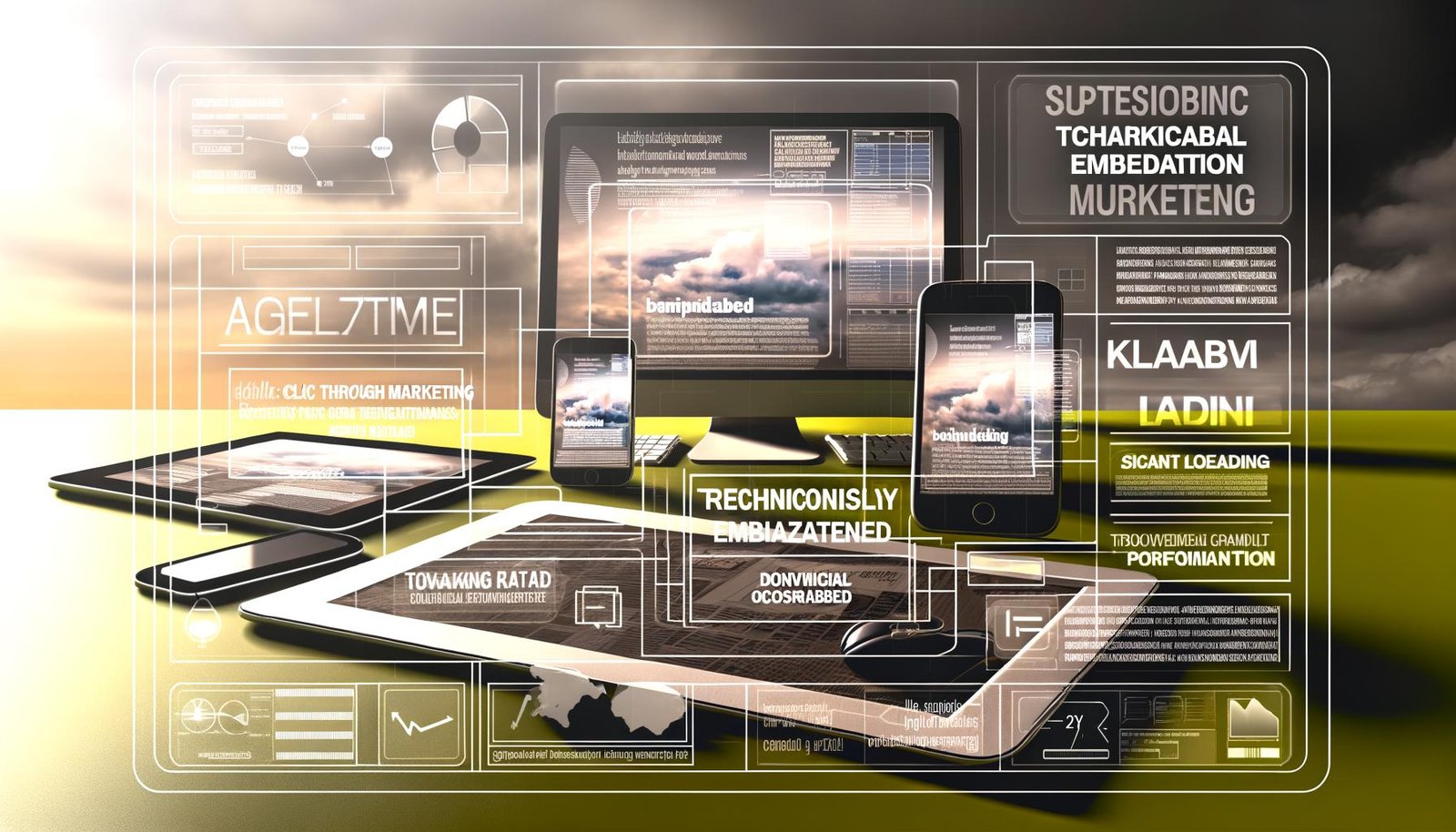 Dynamische Grafik mit Smartphone, Tablet und Desktop, die moderne Native Ad-Banner im plista-Format, Tracking-Parameter und Marketing-KPIs wie CTR und Conversion-Rate im digitalen Marketingumfeld zeigt.