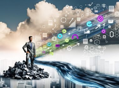 Illustration eines modernen Unternehmens: Veraltete Daten und Papier auf der linken Seite, in strukturierte digitale Dashboards und Datenströme verwandelt, im Zentrum eine diverse Führungskraft umgeben von Symbolen für KI, Data Lakes und Automatisierung.