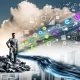 Illustration eines modernen Unternehmens: Veraltete Daten und Papier auf der linken Seite, in strukturierte digitale Dashboards und Datenströme verwandelt, im Zentrum eine diverse Führungskraft umgeben von Symbolen für KI, Data Lakes und Automatisierung.