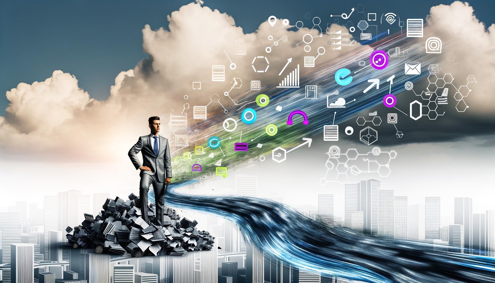 Illustration eines modernen Unternehmens: Veraltete Daten und Papier auf der linken Seite, in strukturierte digitale Dashboards und Datenströme verwandelt, im Zentrum eine diverse Führungskraft umgeben von Symbolen für KI, Data Lakes und Automatisierung.