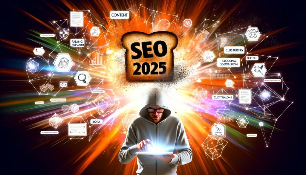 Editorial-Visual zu SEO 2025: Vorne ein vertrockneter Toast mit verblassten Keywords, dahinter eine bunte Explosion digitaler Icons und Formen, ein Mensch im Hoodie skizziert Ideen auf einem Tablet.